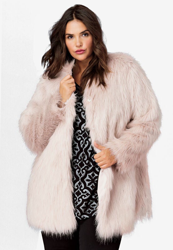 ellos Womens Plus Size Leopard Print Faux Fur Coat
